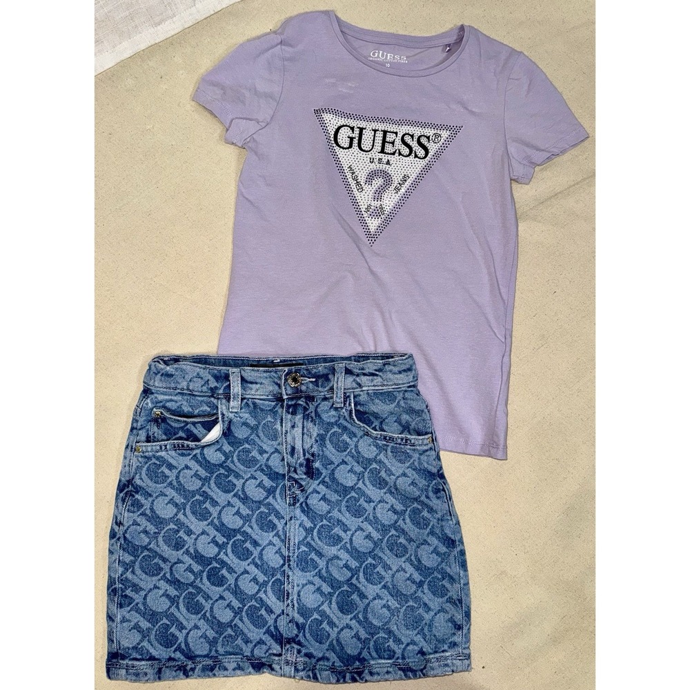 Vintage Y2K Guess Girl's Sz 10 Denim Skirt Set Diamonte Purple Shirt Outfit
